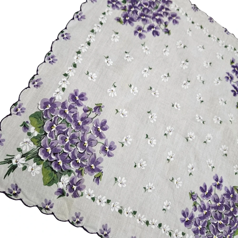 Vintage‎ Floral Handkerchief Purple Violets White Flowers Scalloped Edge Sheer